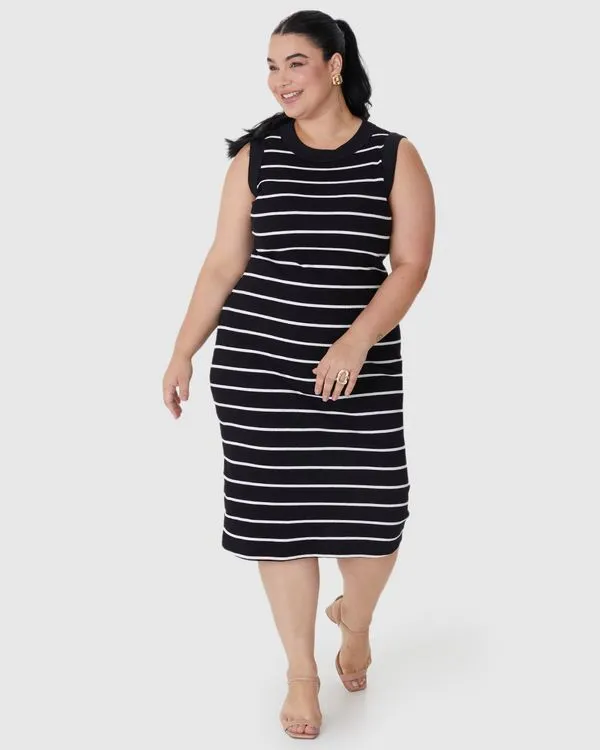 Vestido Midi Feminino Plus Size Justo Em Ribana Listrada Preto - G4