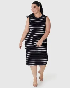 Vestido Midi Feminino Plus Size Justo Em Ribana Listrada Preto - G4