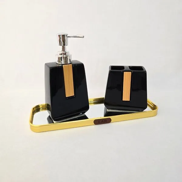 Jogo de Banheiro Lavabo 2 Peças em Cerâmica Detalhe Bambu Preto com Dispensador de Sabonete Líquido e Suporte Jogo de Banheiro Lavabo 2 Peças em Cerâmica Detalhe Bambu Preto Braswu