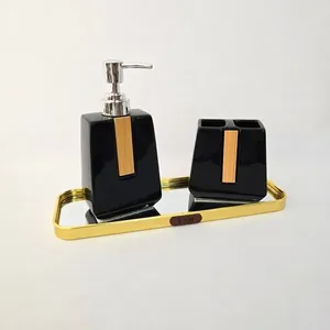 Jogo de Banheiro Lavabo 2 Peças em Cerâmica Detalhe Bambu Preto com Dispensador de Sabonete Líquido e Suporte Jogo de Banheiro Lavabo 2 Peças em Cerâmica Detalhe Bambu Preto Braswu