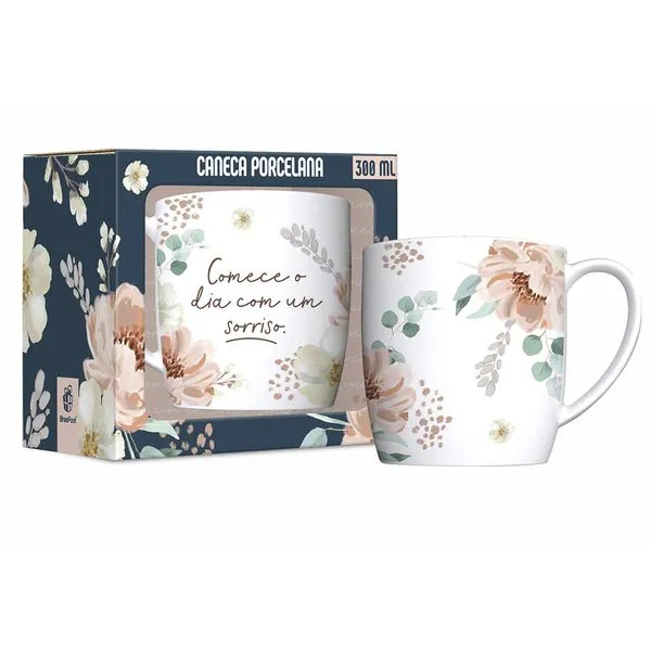 Caneca de Porcelana Urban 300ml Estampa Floral Comece O Dia Com Um Sorriso 15112 - Brasfoot