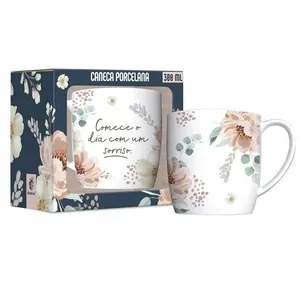 Caneca de Porcelana Urban 300ml Estampa Floral Comece O Dia Com Um Sorriso 15112 - Brasfoot