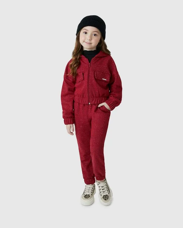 Conjunto Menina Jaqueta E Calça Jogger Em Moletinho Lurex - Carinhoso Vermelho - 16