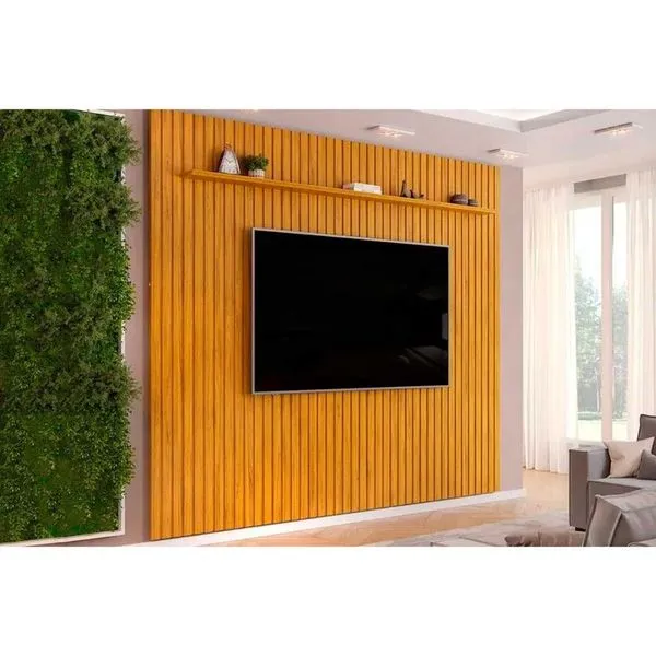 Painel Quarto p/ TV até 85 Pol Pratic Ripado c/ 1 Prateleira 275x240cm Cedro - DJ Móveis