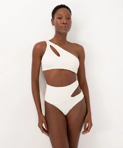 calcinha biquíni hot pant cut out com textura proteção uv off white P