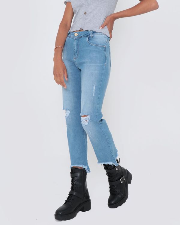 Calça Jeans Feminina Pantacourt Destroyed Azul Claro 44