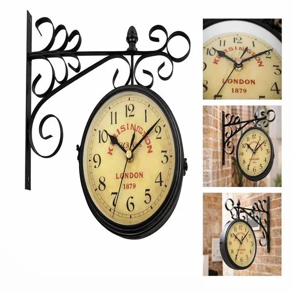 Relógio de Parede Dupla Face Vintage Estilo Retrô com Mecanismo Quartz e Suporte Relógio de Parede Dupla Face Vintage Retrô com Mecanismos Independentes e Suporte