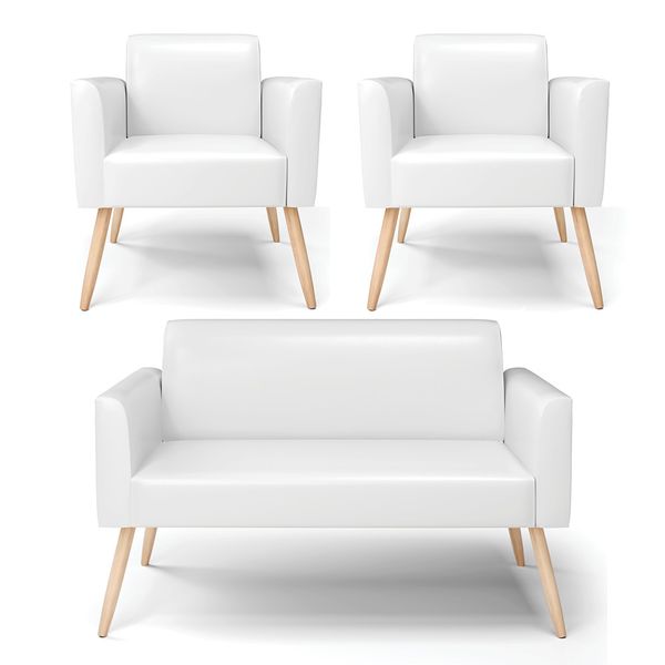 Sofá Namoradeira com 2 Poltronas Pés Palito Natural Marisa Corano Branco D03 - D'Rossi