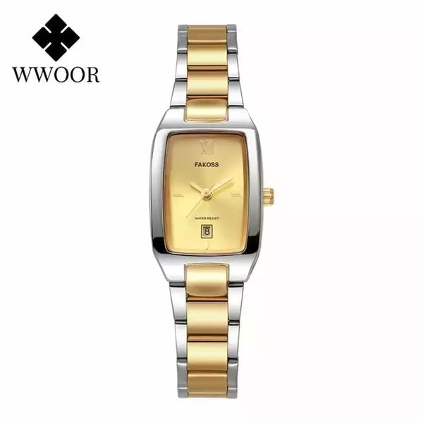 Relógio Feminino Wwoor Elegante Moda Aço Inoxidável À Prova D'Água Ouro Prata