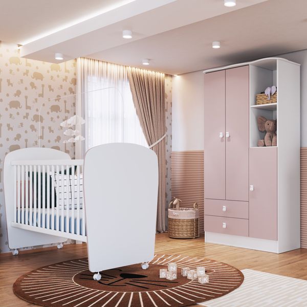 Quarto de Bebê Completo Guarda Roupa 3 Portas 2 Gavetas com Berço Arco-Íris Branco/Rosa