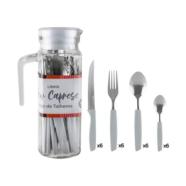 Jogo de Talheres New Caprese Inox Cabo Plástico Cinza Com Jarra de Vidro 25 Peças Ref.A66528 Fratelli