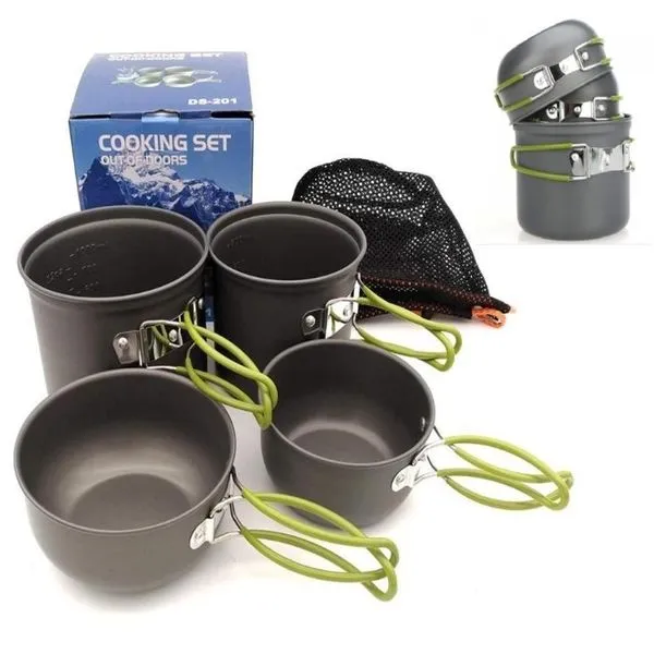 Kit de Panelas para Camping 4 Peças Alumínio Anodizado Leve com Cabos Dobráveis para Viagem e Praia Yeet Kit de Panelas para Camping 4 Peças Alumínio Anodizado Leve para Acampamento e Pesca Yeet