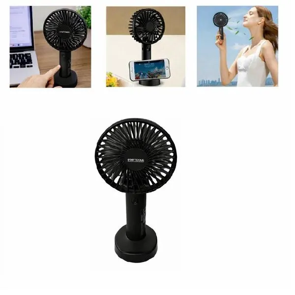 Ventilador Portátil Recarregável de Mesa com Suporte para Celular 3 Velocidades Preto Silencioso Multifuncional Ventilador Portátil Recarregável de Mesa com Suporte para Celular 3 Velocidades Preto
