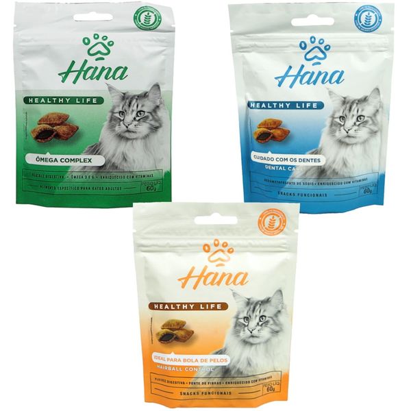 SNACK HANA PARA GATOS KIT 1 ÔMEGA COMPLEX + 1 DENTAL CARE + 1 HAIRBALL CONTROL