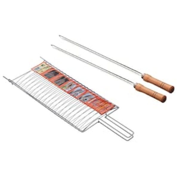 Conjunto de Grelha para Peixe e Espetos Simples Utimil em Aço Cromado, Aço Inox e Madeira 3 Peças Inox, Cromado e Natural
