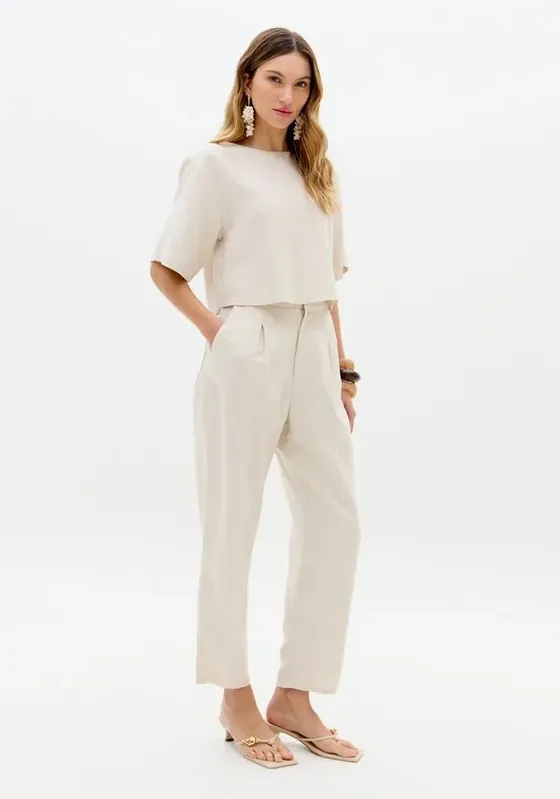 Calça Baggy Cintura Alta Com Linho Branco P