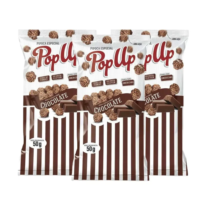 Kit Pipoca Doce Chocolate Sem Lactose Sem Glúten - PopUp 3 Unidades 50g