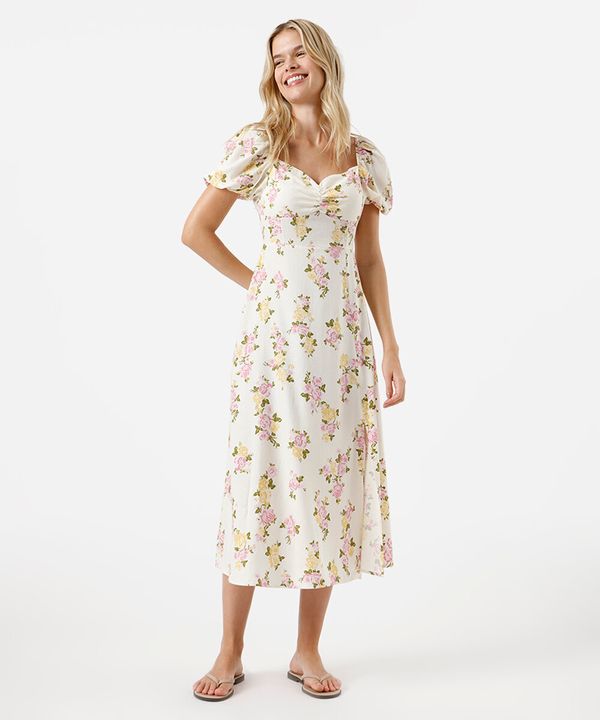 vestido midi feminino com linho floral off white P