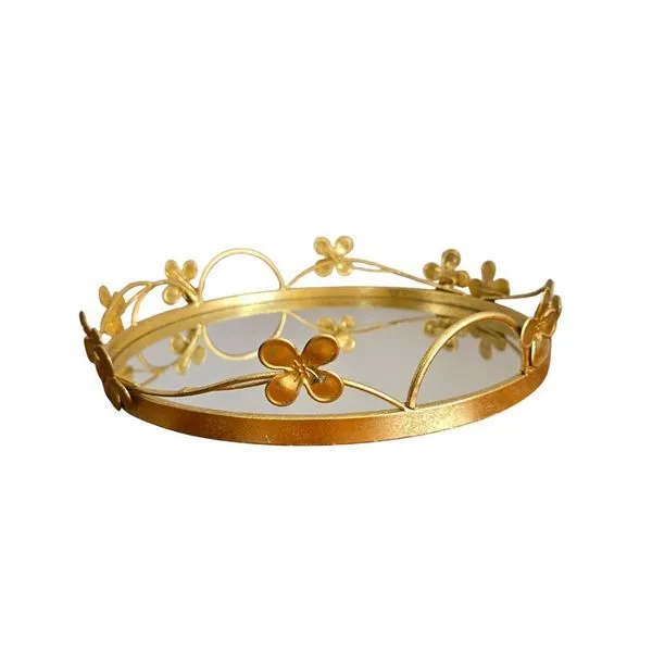 Bandeja Redonda Metal com Alças Espelho 32cm para Decoração e Organização Dourado Tok da Casa Bandeja Redonda Metal com Alças Espelho 32cm Fundo Espelhado Dourado Tok da Casa