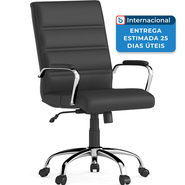 Cadeira De Escritório De Couro Com Encosto Médio Flash Preto Cromado A-MBI