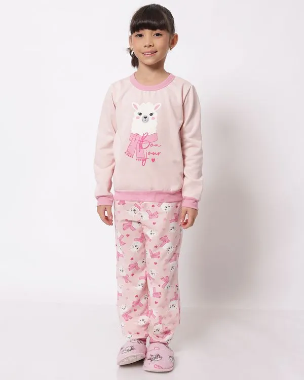 Pijama Infantil Moletinho Longo Estampa Lhama Rosa 6
