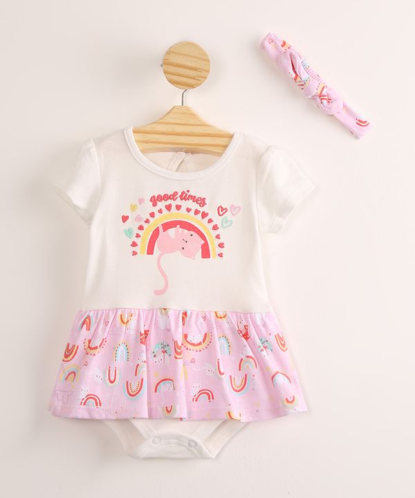 Body Saia Infantil Estampado Gatinho e Arco-Íris com Bordado Manga Curta + Faixa Off White 3-6