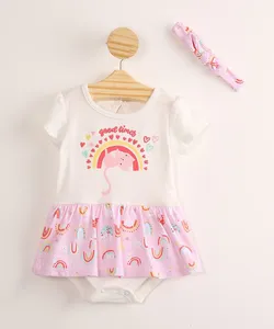 Body Saia Infantil Estampado Gatinho e Arco-Íris com Bordado Manga Curta + Faixa Off White 12-18