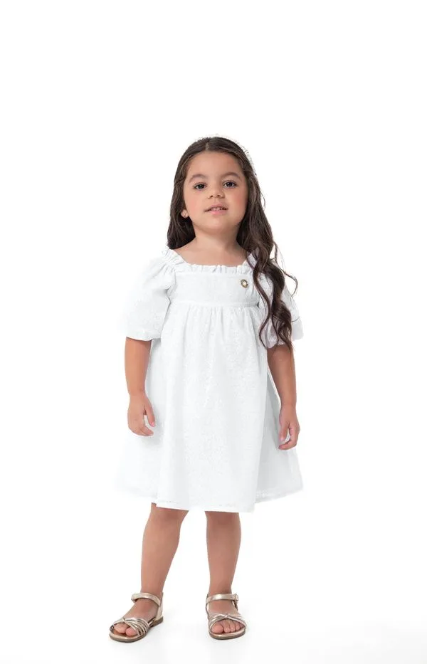 Vestido Menina Manga Bufante Em Tricoline Devorê - Carinhoso Branco - 4