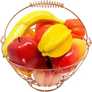 Kit Fruteira Decorativa Redonda para Mesa com Frutas Artificiais em Isopor Visual Natural em Aço Inox Rosê Kit Fruteira Redonda Decorativa com 12 Frutas Artificiais em Isopor em Aço Inox Rosê para Mesa