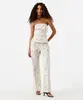 calça wide leg slim feminina de sarja com bordado floral listrada off white 34