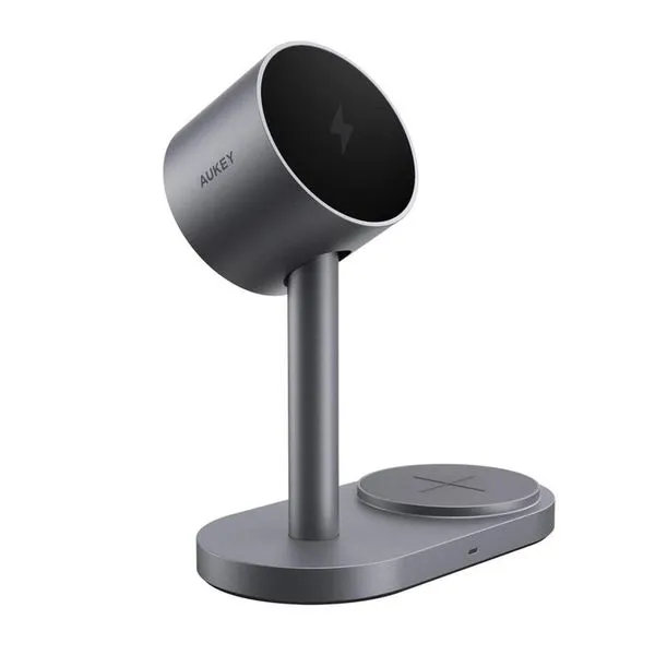 Carregador De Mesa Aukey Sem Fio Magnético 2 Em 1 25W Magfusion 2X QI2.2 Preto (MP)