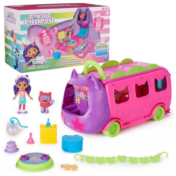 Ônibus de Festa da Gabby's Dollhouse, Playset Transformável com Boneca DJ Gabby Catnip e Acessórios de Casa de Bonecas, Brinquedos para Crianças