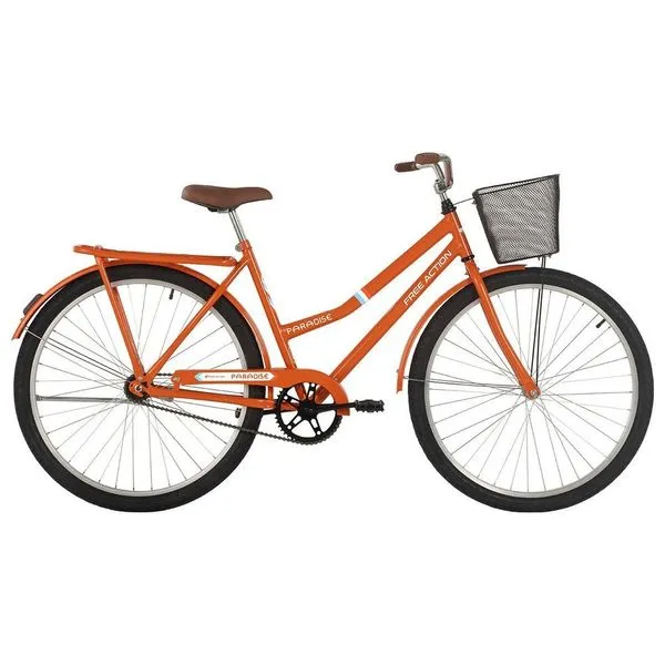Bicicleta Paradise Urbana Aro 26 Quadro Aço 1 Marcha com Cesta e Bagageiro Laranja Free Action Bicicleta Paradise Urbana Aro 26 Quadro Aço 1 Marcha Laranja Free Action