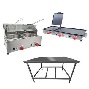 Kit Lanchonete Mesa De Manipulação 100x55cm + Fritadeira A Gás 2 Cuba + Chapa A Gás 90cm Alcamar