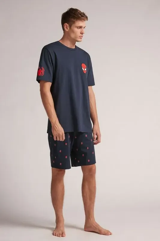 Pijama Curto Homem-Aranha Em Algodão - Azul GG