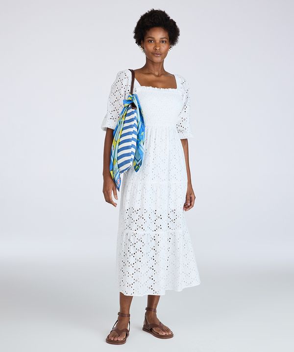 vestido midi feminino de laise manga bufante floral off white M