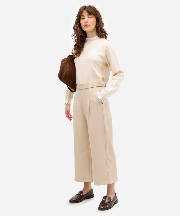 calça feminina de alfaiataria cropped com cinto bege 36