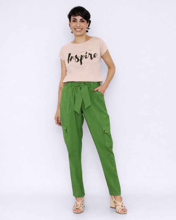 Calça Feminina Viscose Reta Bolso Cargo Com Amarração Verde GG