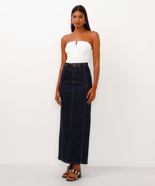 saia jeans longa cintura super alta com fenda azul 40