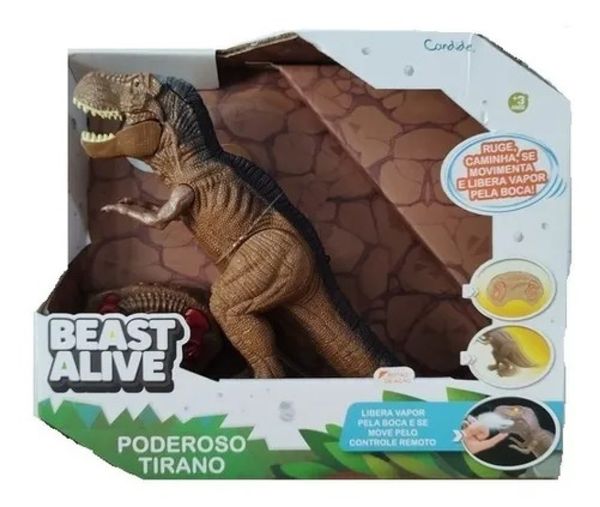 Dinossauro T-Rex Poderoso Tirano Controle Remoto - 26cm, Fumaça, Anda, Ruge - Candide