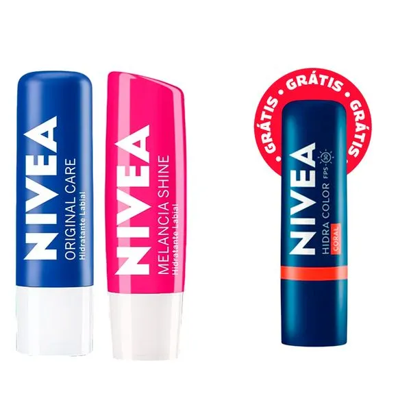 Kit Nivea Hidratante Labial Hidra Color Coral 4,8g + Hidratante Labial Original 4,8g + Hidratante Labial Melancia Shine 4,8g