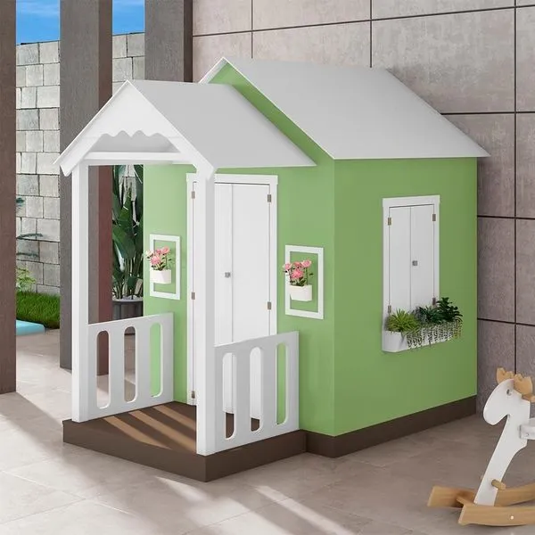 Casinha de Brinquedo com Varanda e Cerca Artesanal L12 em MDF Branco-verde Infantil Criança Feliz Casinha de Brinquedo com Varanda L12 em MDF Branco-verde Infantil Criança Feliz