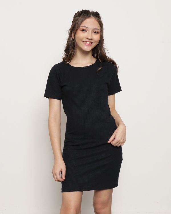 Vestido Juvenil Manga Curta Canelado Preto 14