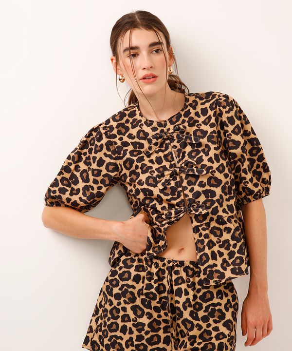 blusa manga bufante animal print bege PP