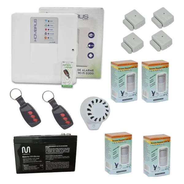 Kit Alarme Central Wi-Fi D200 8 Sensores sem Fio com Bateria 12V Bivolt Hombrus Kit Alarme Central Wi-Fi D200 8 Sensores sem Fio Bivolt Hombrus