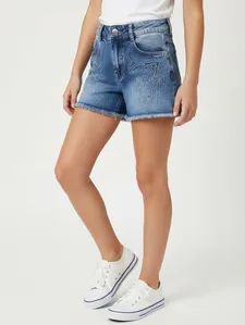 Short Jeans Barra Desfiada Juvenil Para Menina - AZUL 14