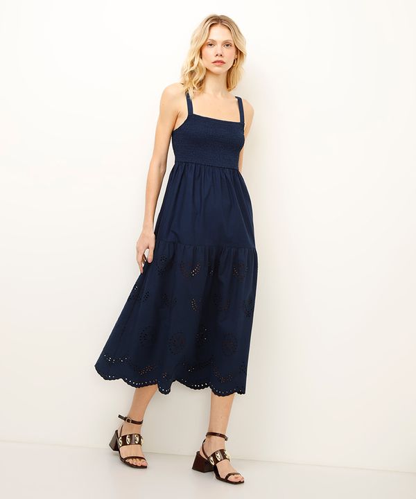 vestido midi de algodão com bordado azul GG