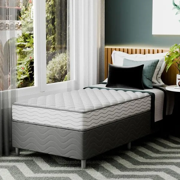 Cama Box com Colchão Solteirão Howie Espuma D45 (17x108x198) Branco e Cinza