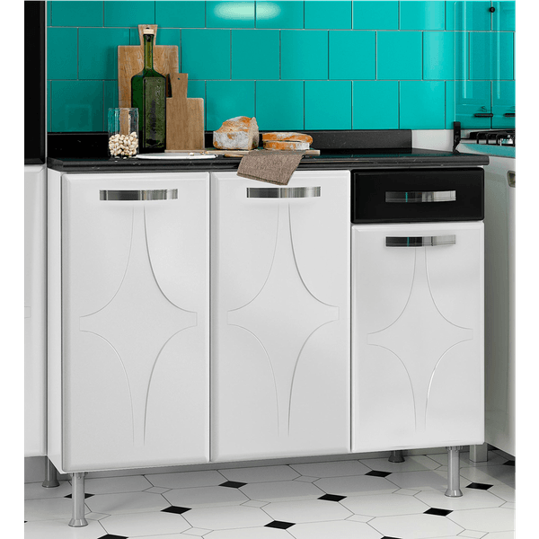 Balcão Triplo em Aço, 3 Portas e 1 Gaveta, Com Tampo - Telasul Rubi Smart Branco / Preto