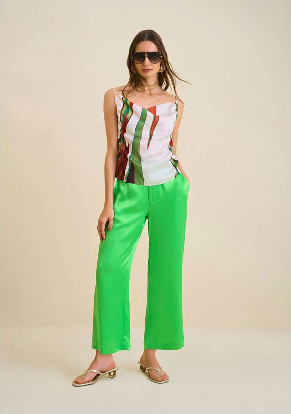 Calça Morena Rosa Wide Cós Alto Com Bolso Verde 40